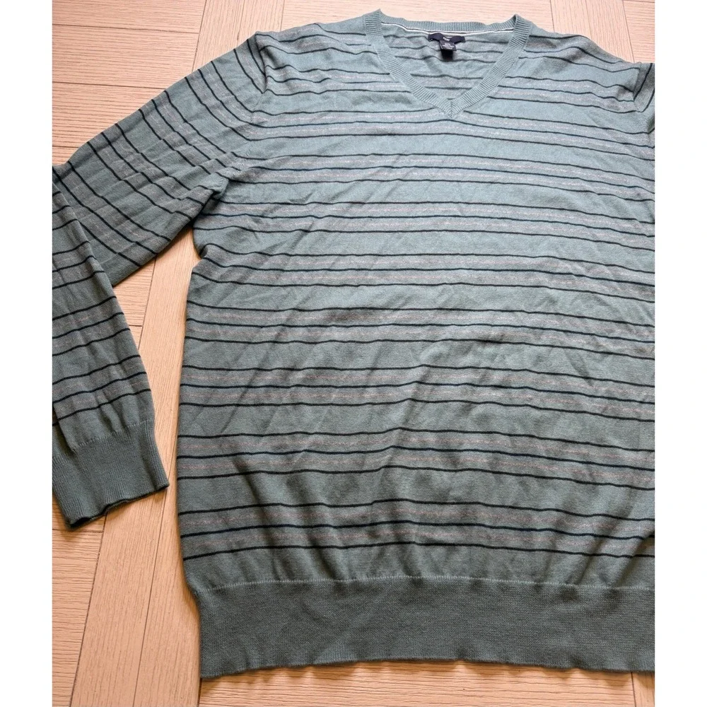 Gap Men's V Neck 100% Cotton Teal, Blk, Gray Striped Sweater. Lightweight. Sz XL